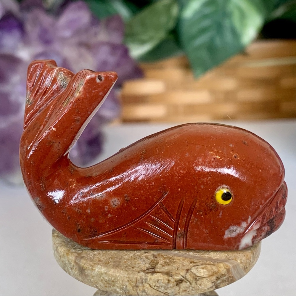 Red Jasper Carved Stone Whale Figurine Crystal Animal Carving Sea Creature 2.2"